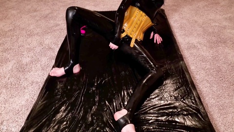 Seductive Submissive MILF Experiences Sensual Latex Breathplay in Catsuit, Corset, and Vacbed
