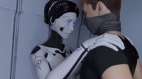 Robot sexuel brune excitée avec de gros seins se fait baiser par une grosse bite et reçoit une éjaculation interne