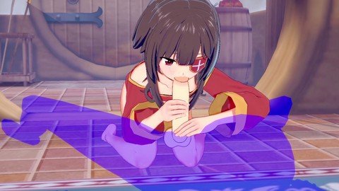 Megumin from KonoSuba manga gets a mouthful of cum during a steamy blowjob