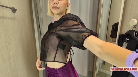 Voyeuristic experience: Trying on sheer outfits in a public dressing room at the mall