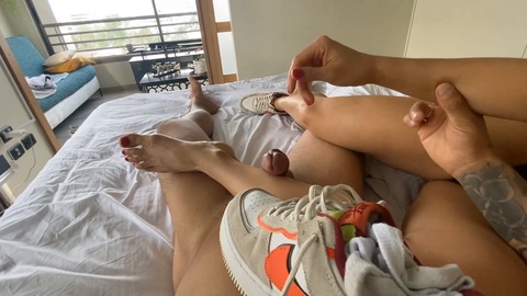 Wild moaning as he covers my Nike AF1's with his cum while I give him an intense gut rubdown