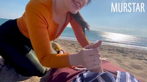 Public beach blowjob, public beach, pussy play